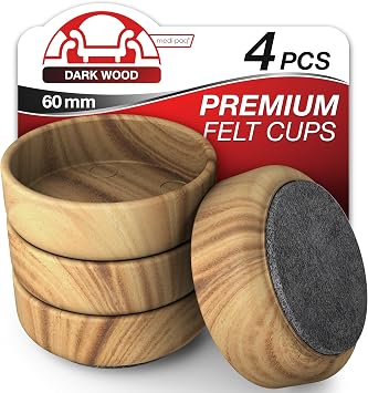 Medipaq Felt Castor Cups   4x Large 60mm Dark Wood Grain   Protects Wooden & Smooth Floors   Chair & Furniture Leg Protectors