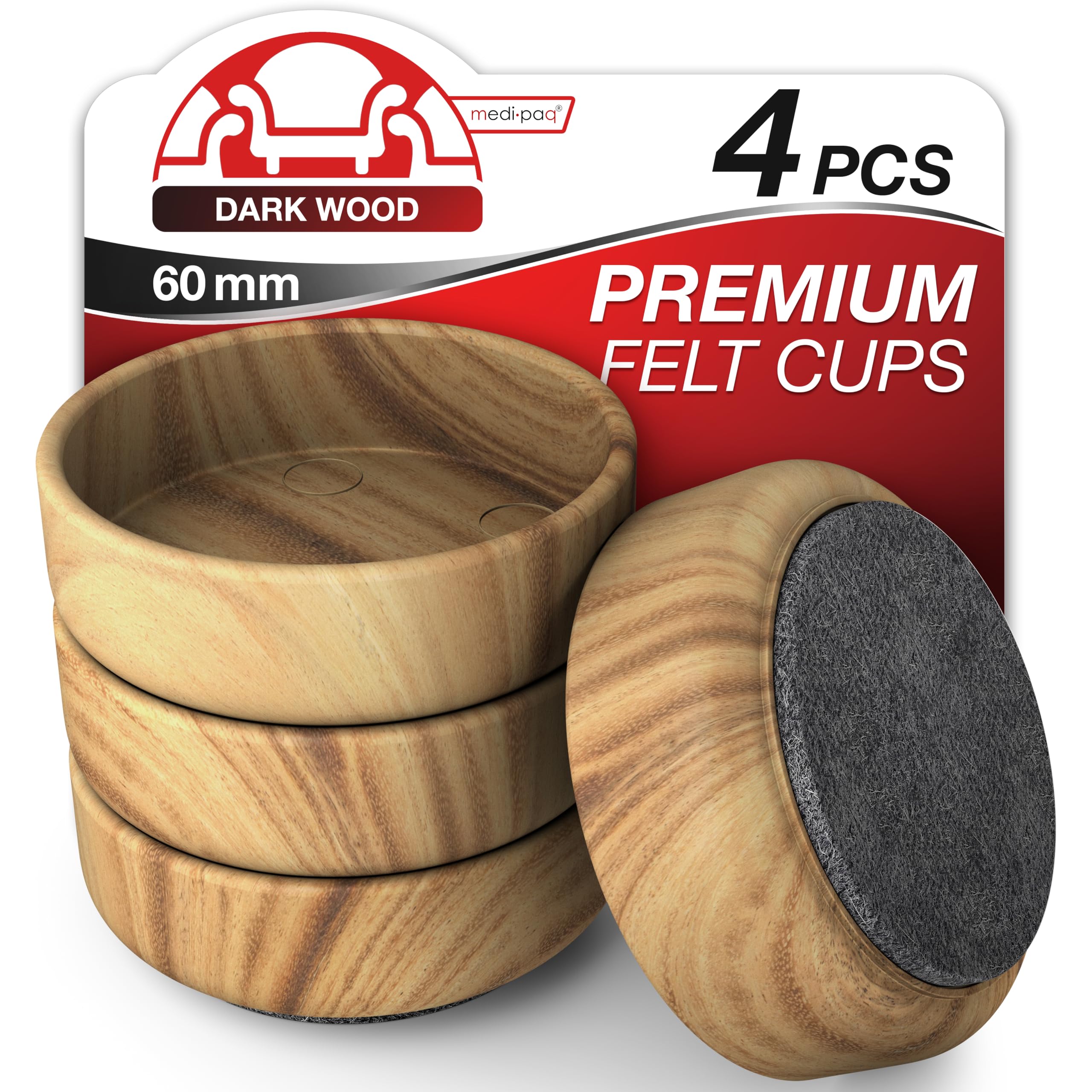 Medipaq Felt Castor Cups for Wooden Floors, 4 x Large 60mm, Dark Wood