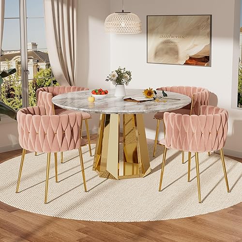 Miniatura 39 de Moderno juego de mesa redonda de comedor para 4, juego de mesa de comedor de mármol blanco de 5 piezas, mesa de comedor dorada de lujo y 4 sillas