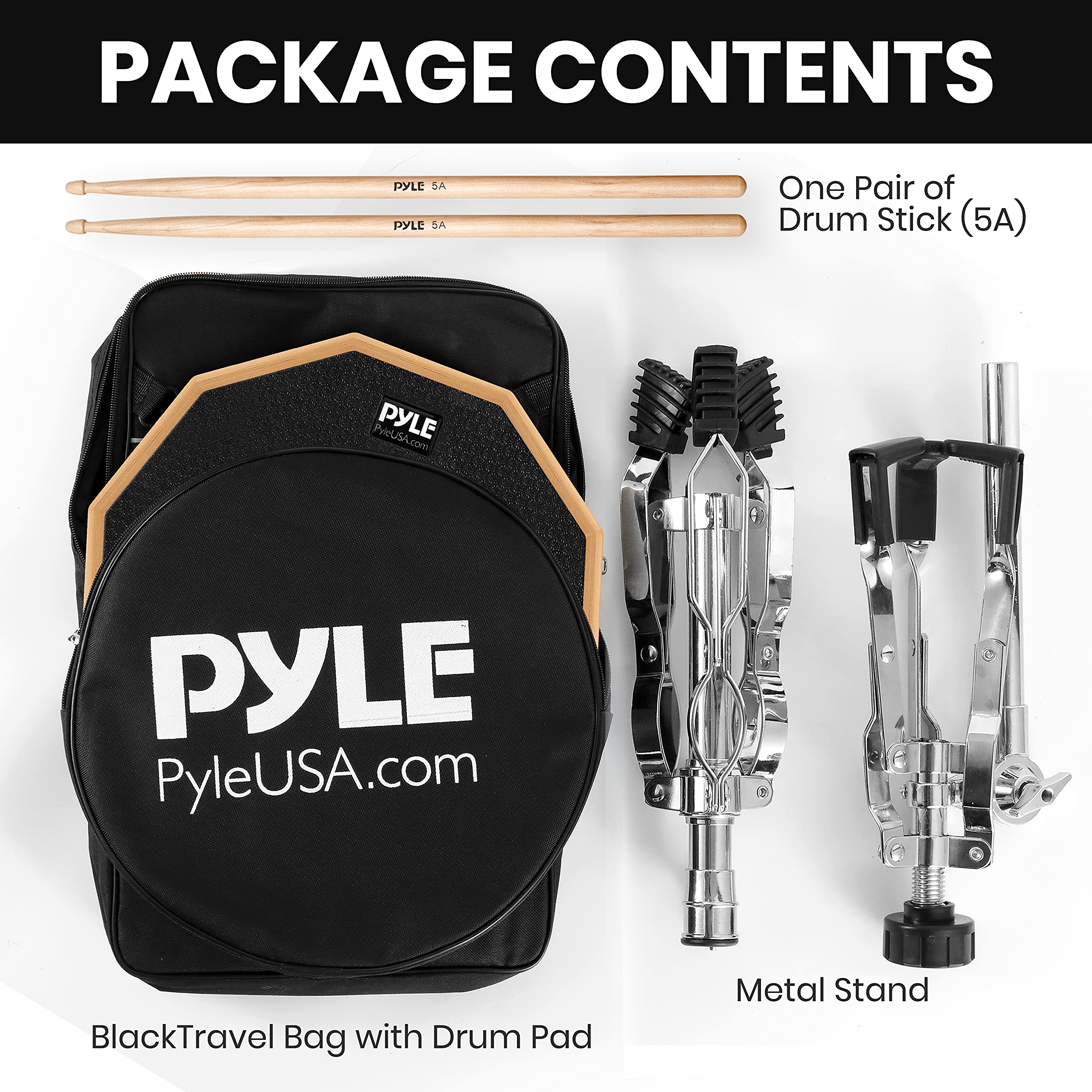 Pyle PSDPKIT10.5 - Juego de almohadillas de práctica de 12 pulgadas con soporte de caja, almohadilla silenciosa de goma de doble cara con accesorios de batería, montaje en rack ajustable, par de
