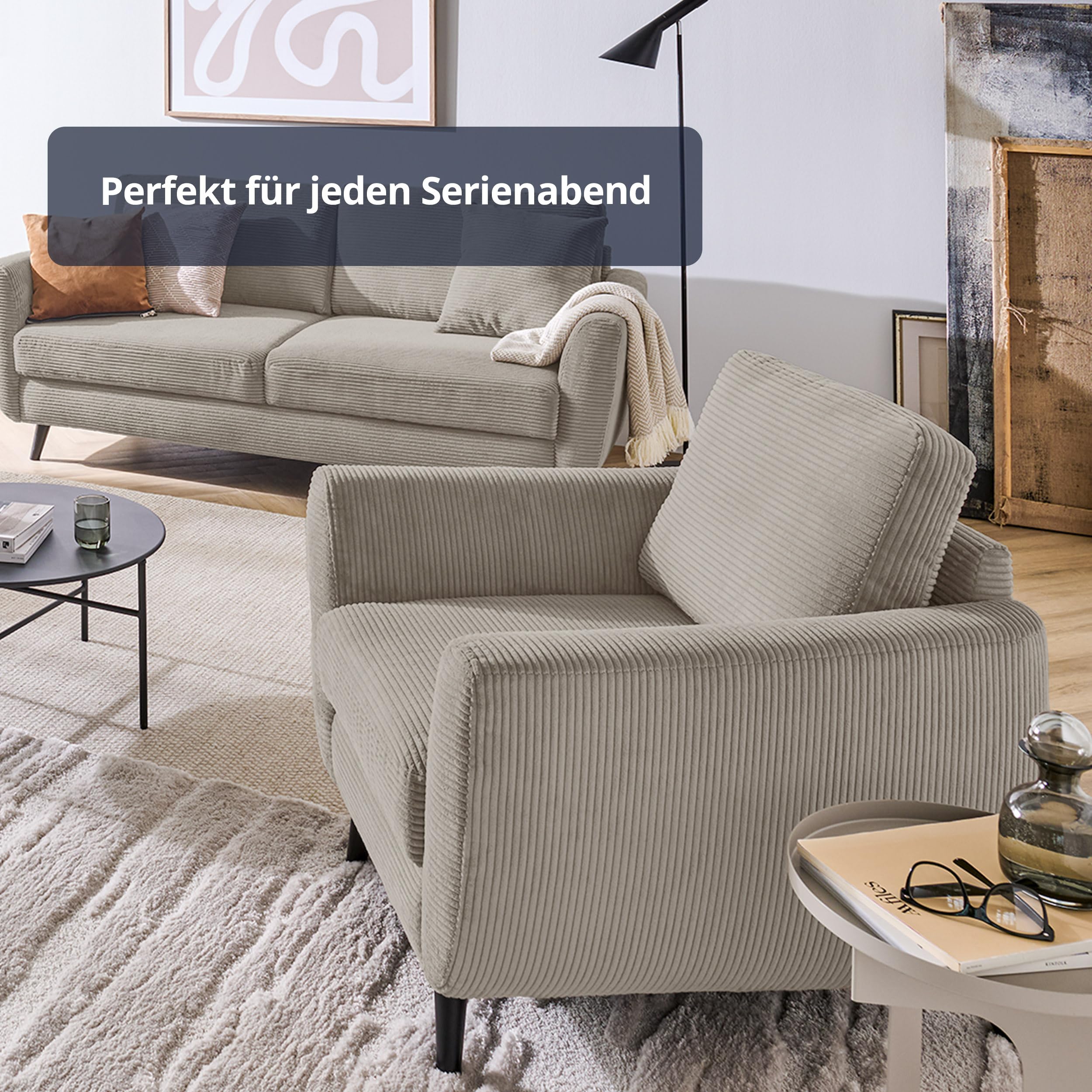 smart Sessel Wanja, Cordstoff Schlamm, 94x90x90cm - Skandi-Design, inkl. Rückenkissen, Polyätherschaum & Wellenunterfederung, Massivholzfüße, frei stellbar