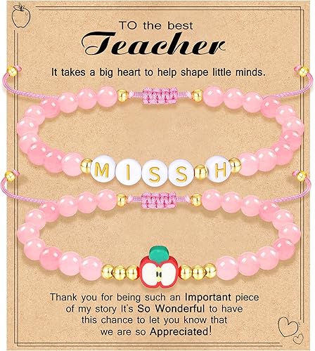 Teacher Appreciation Bracelet Gifts for Women Initial Beaded Bracelets Back to School Thank You Teacher Gifts 2pcs Link Bracelet New Teacher Graduation Gift Birthday Retirement Teachers' Day Jewelry