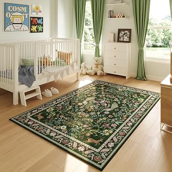 Rugcomf Area Rug 3x5 Floral Washable Non Slip, Emerald Green