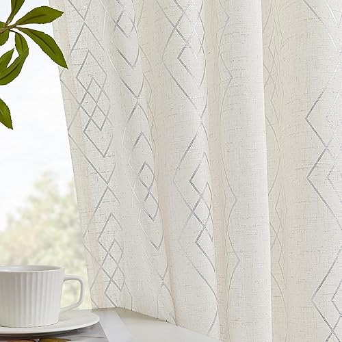Linen Curtains for Bedroom, Silver Curtains 84 Inches Long Farmhouse Curtain for Living Room, Silver Foil Geometric Drapes, Moroccan Beige Light Filtering Curtain 2 Panels Grommet Top
