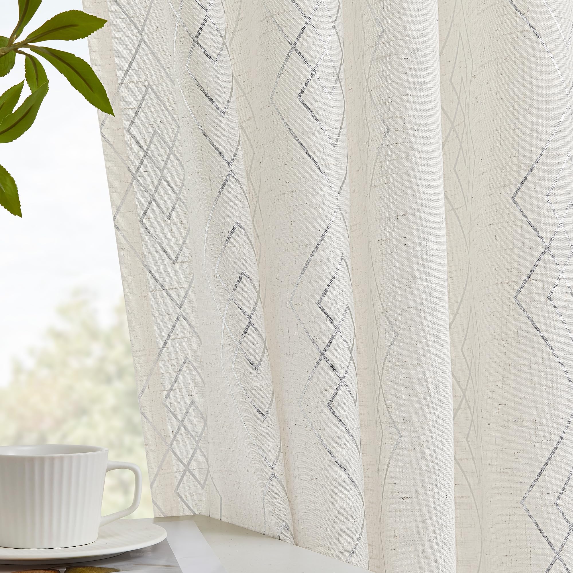 ugoutry Linen Curtains for Bedroom, Silver Curtains 63 Inch Length Farmhouse Curtains for Living Room, Silver Foil Geometric Drapes, Moroccan Beige