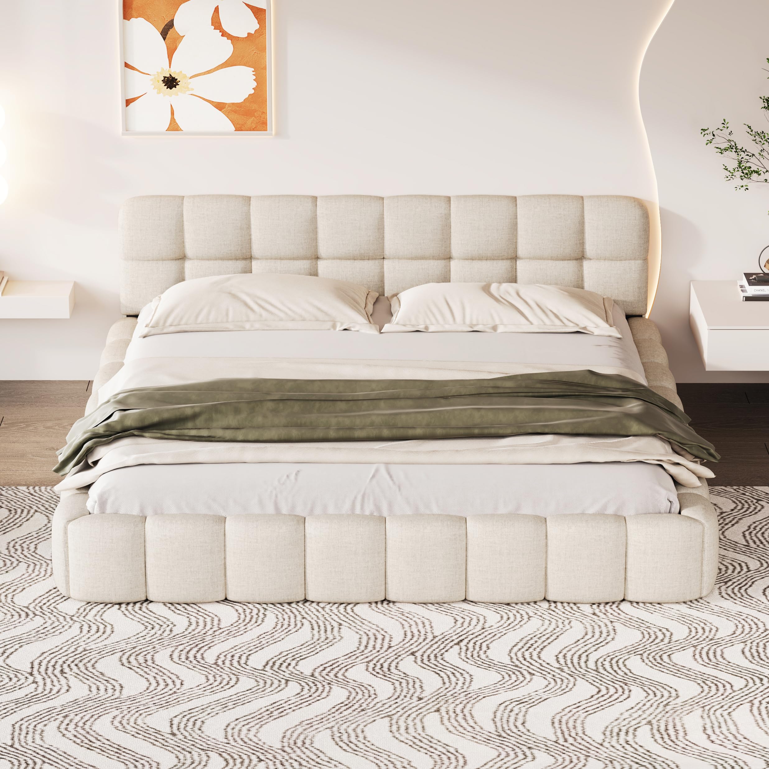 AZJSAHAH Bubble Double Bed Frame 4ft6,Upholstered Cloud Bed With Headboard,Modern Low Platform Bed, Luxury Cloud Bed Frame,Linen Fabric Double Bed With Base,No Mattress