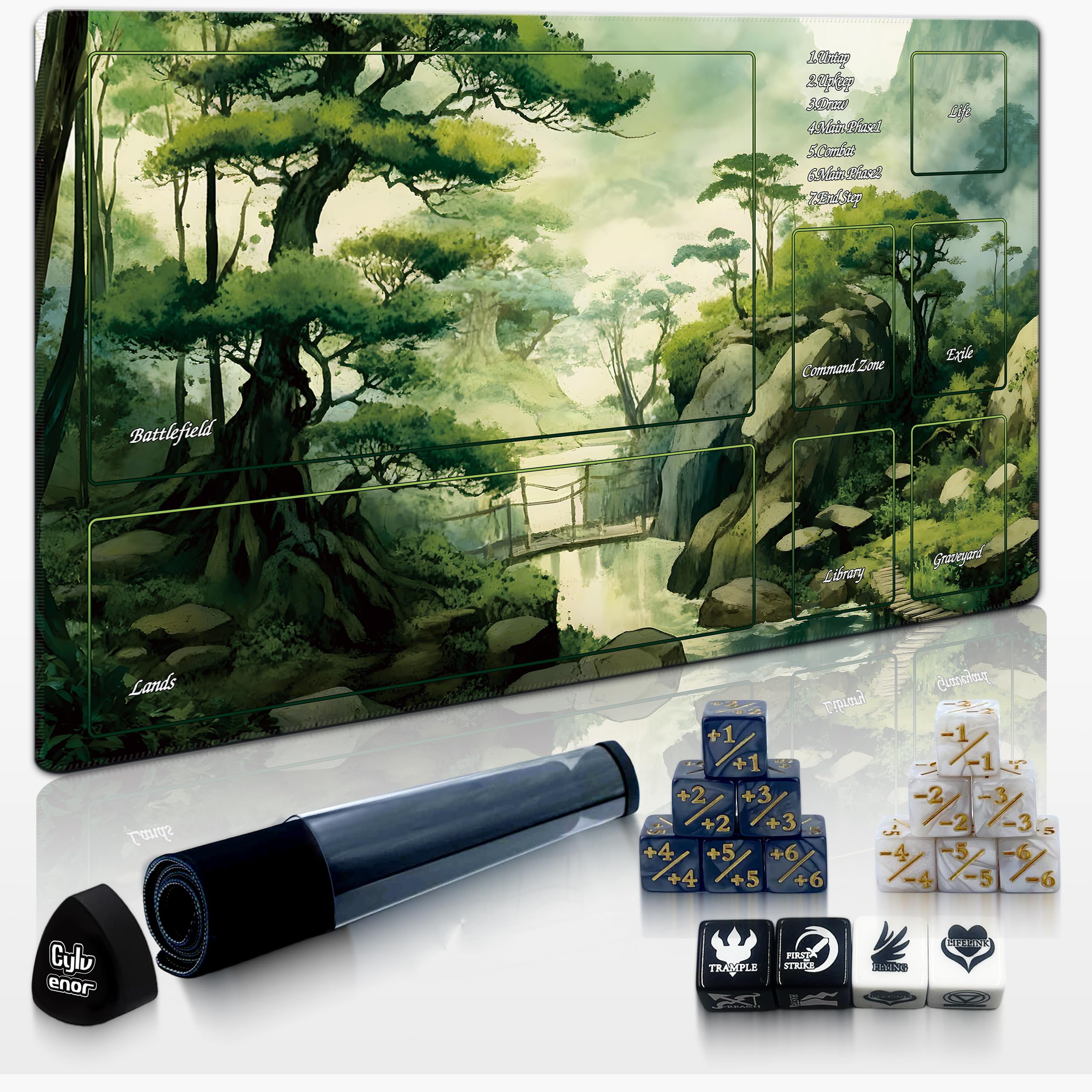 Cylvenor 24"x14" MTG Playmat with Storage Tube & 16-Piece Dice Set - Non-Slip Rubber TCG Card Game Mat, Stitched Edges Tabletop Gaming Mat (Forest, Ukiyo Series)