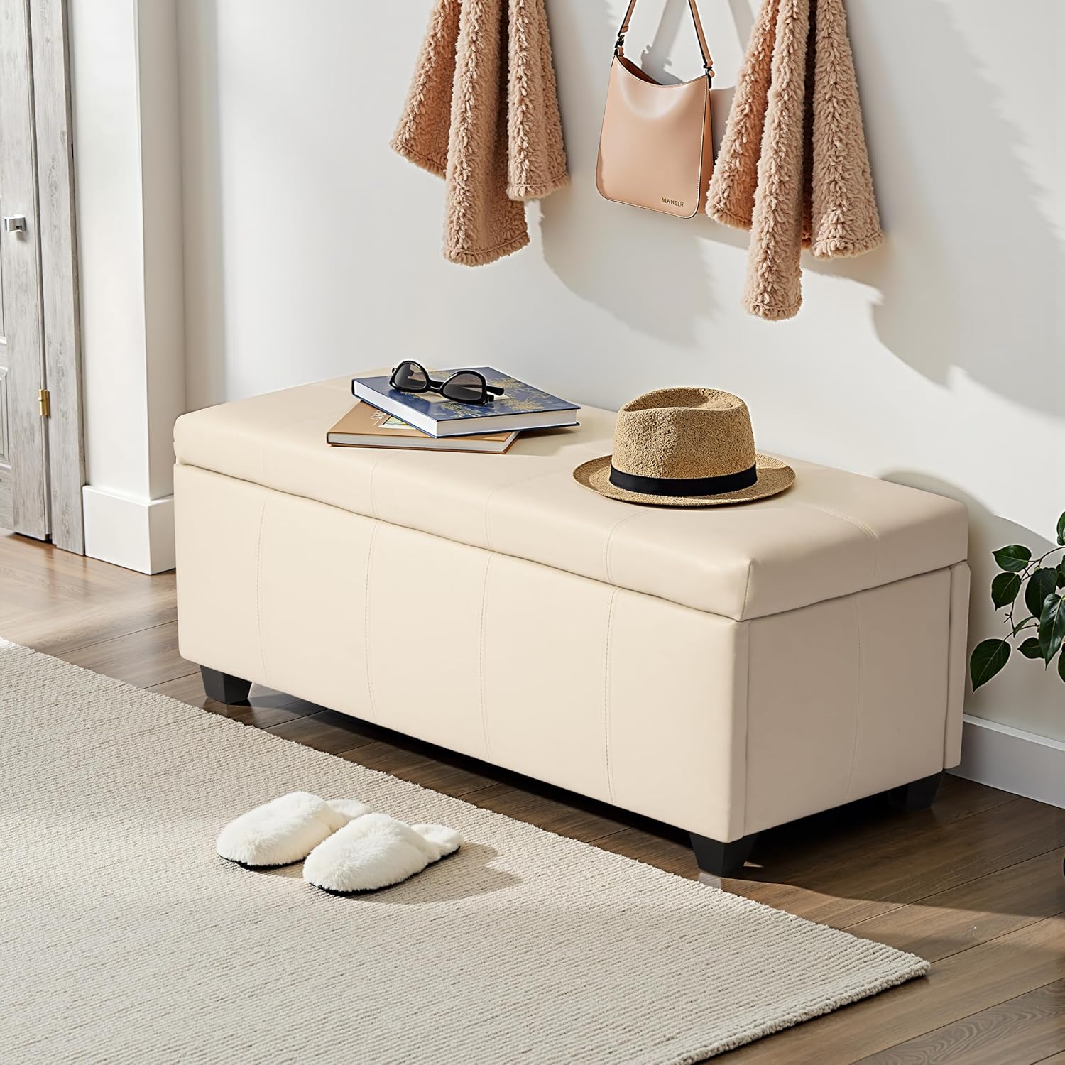 CangLong 36Inch Damara Lift-Top Storage Ottoman Bench with Faux-Leather Upholstery, Upholstered Foam Padded Rectangular Footstool, Easy Assemble Furniture ,Cream