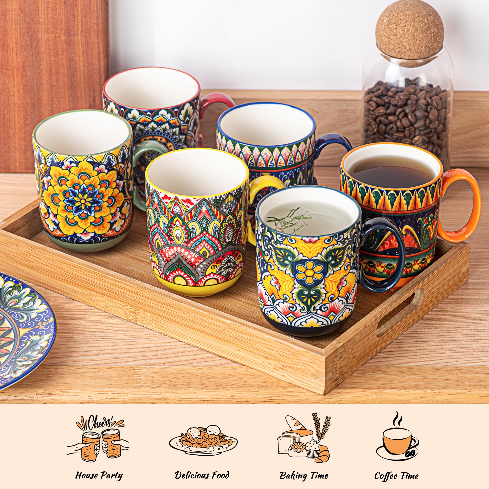 Henten Home Porcelain Coffee Mug Set of 6, 14 oz Colorful Latte