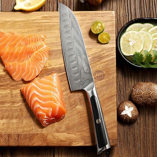 Vista 5 de Sunnecko Cuchillo de cocina japonés de Damasco Santoku de 7 pulgadas, cuchillo de cocina profesional de acero de alto carbono con mango G10