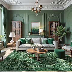 Dark Green Vintage Area Rug 5x7 for Living Room Washable Distressed Farmhouse Soft Thin Non-Shedding Indoor Throw Rug