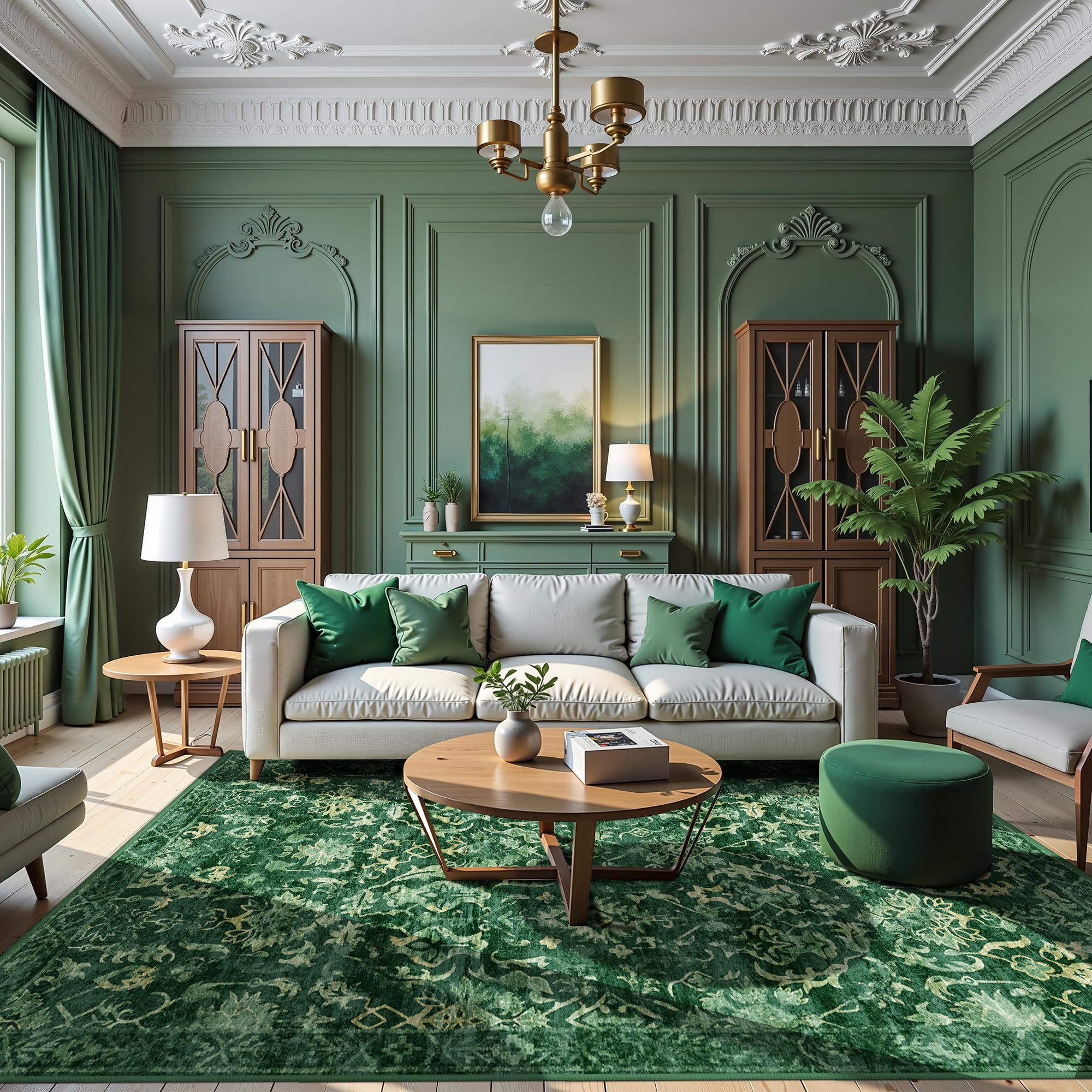 Dark Green Vintage Area Rug 5x7 for Living Room, Washable Distressed Farmhouse Soft Thin Non-Shedding Indoor Throw Rug, Traditional Accent Carpet for Bedroom Office