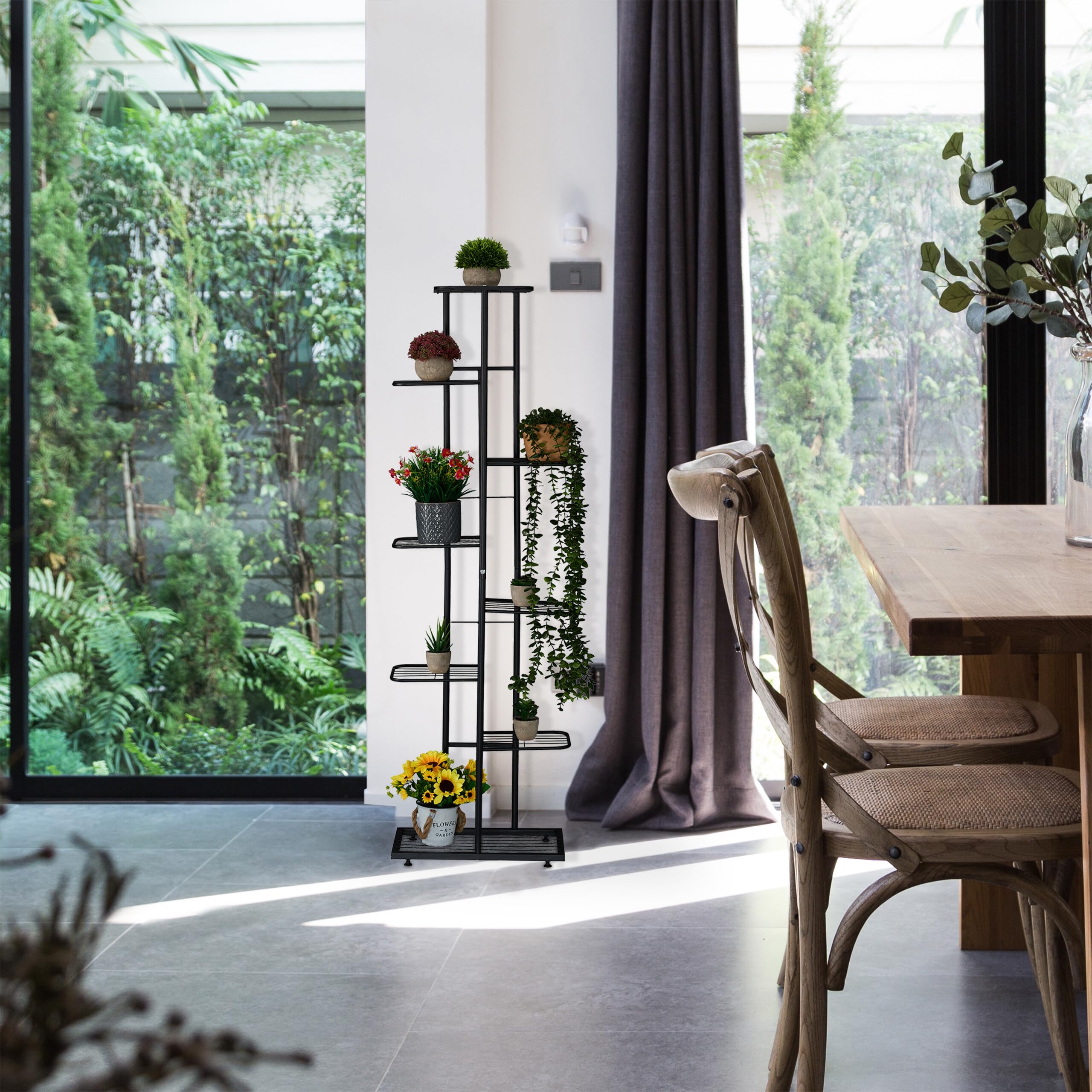 Relaxdays Étagère à Plantes, 8 Niveaux spacieux, pour 9 Pots, métallique, H x L x P : 142 x 45 x 22 cm, Noire