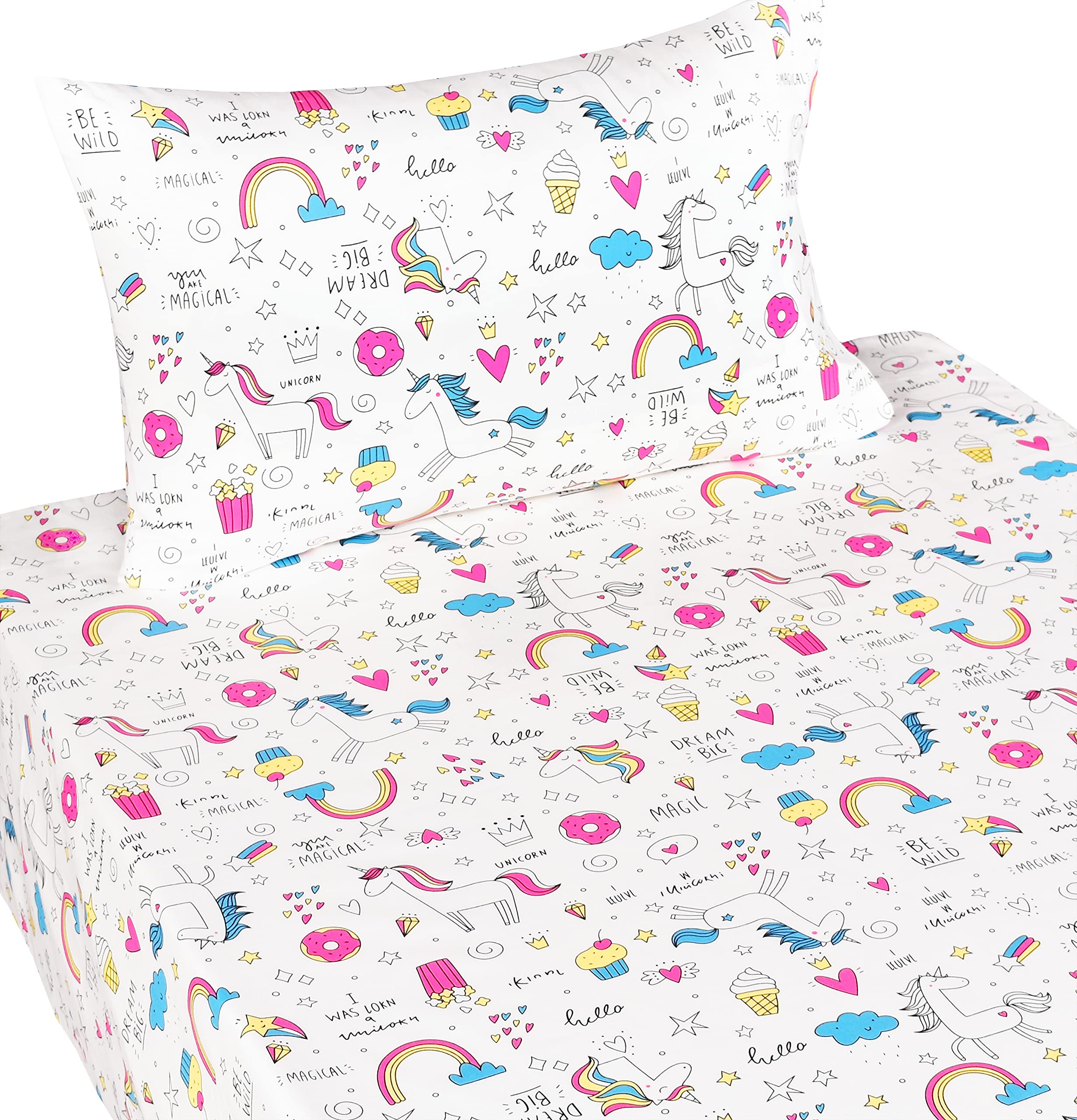 Scientific Sleep Unicorn Like Doughnut Rainbow Cake Popcorn 100% Cotton Cozy Twin Bed Sheet Set, Flat Sheet & Fitted Sheet & Pillowcase Boys Girls Bedding Set