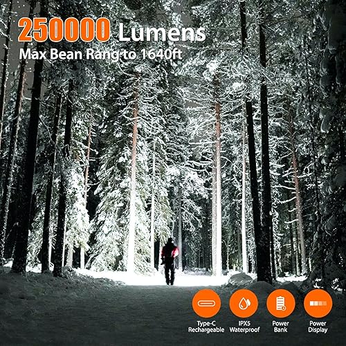 Miniatura 2 de YXQUA Linternas LED recargables de alto lúmenes, 250000 lúmenes, linterna táctica súper brillante, linternas potentes de mano para emergencias,