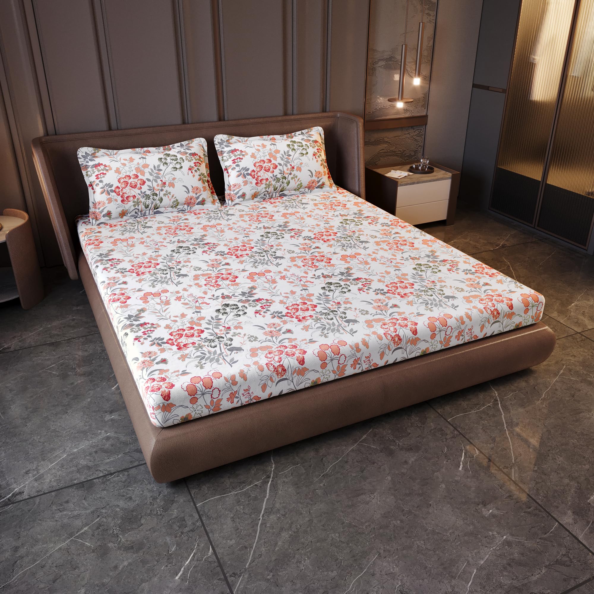 Divine Casa 144 TC Cotton King Size Bedsheet with 2 Pillow Covers | Soft Breathable Wrinkle Free Bedsheet for King Size Bed | Printed Bed Sheet Set for Bedroom | 270 x 270 cm (Peach Blush, Floral)
