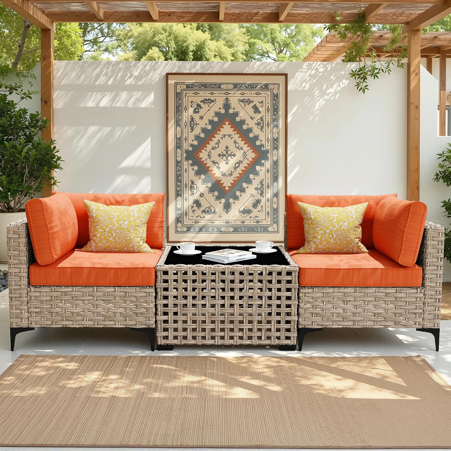 11 Pieces Patio Sectional Furniture Set, Outdoor Wicker Sectional Couch with Firepit Swivel Rocker Chairs Solar Lights Table, Modern Conversation Set for Porch Balcony Backyard, Red