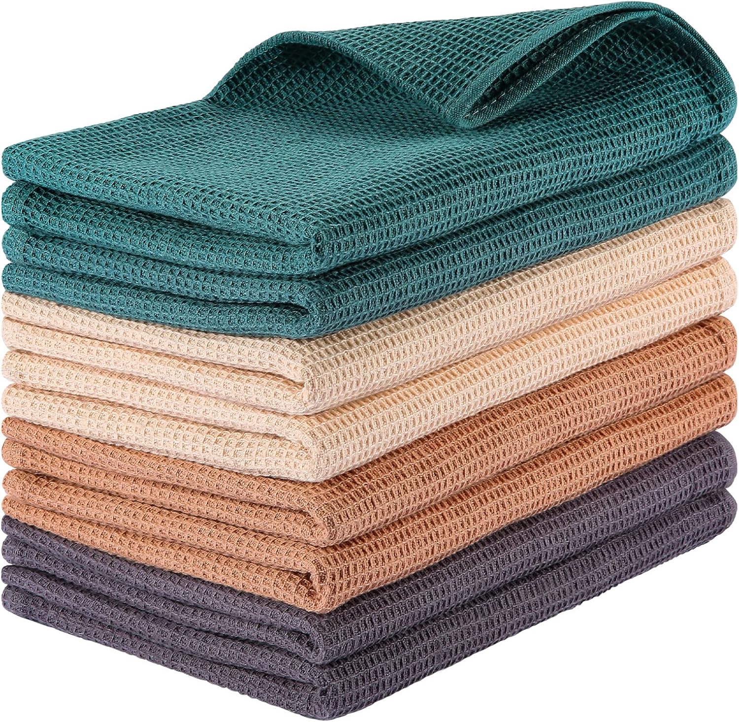 PY HOME & SPORTS 8 Pack Cotton Waffle Weave Kitchen Towels 17 x 25, Super Absorbent Kitchen Hand Dish Cloths for Drying and Cleaning (Beige, Khaki, Teal, Dark Grey)