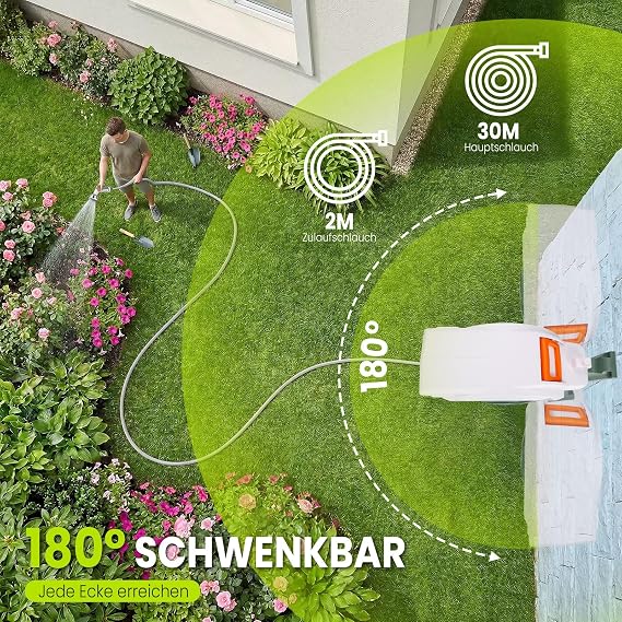 Hose Reel 30 m + 2 m 180° Swivel Automatic Return No manual winding required. Automatic return ensures tidy hose storage in the garden.