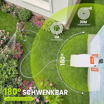 Hose Reel 30 m + 2 m 180° Swivel Automatic Return No manual winding required. Automatic return ensures tidy hose storage in the garden.