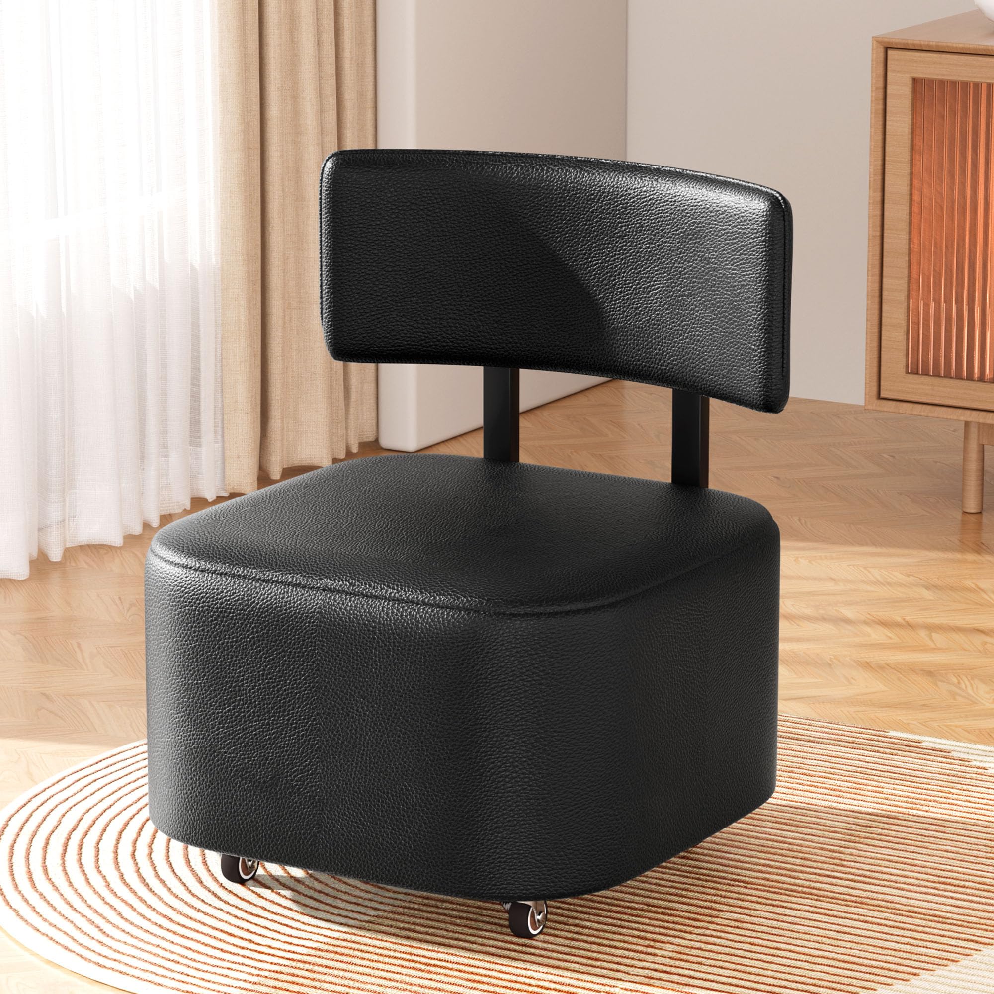 Sgabello a rotelle con schienale, sgabello basso in pelle PU, sedia a rotelle, per casa, ufficio, garage, negozio, biblioteca (nero)