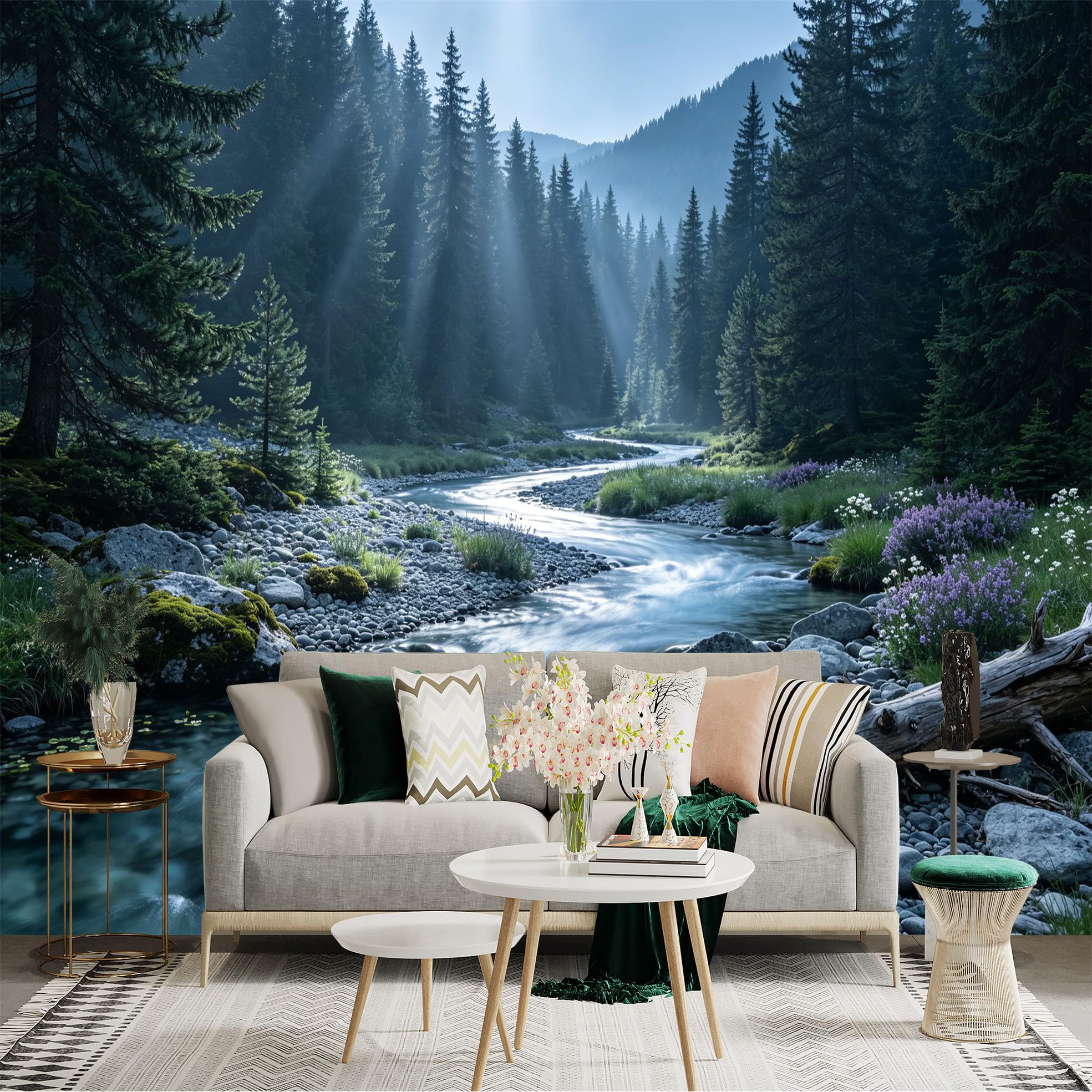 Lnzczhyre Bh260719620 Custom Size Wall Sticker Mural， Misty Morning Forest With Flowing River， Sunlight Rays Over Mountain Woods， For Wall Decoration， Peelandstick Wall Decals.