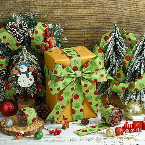 Miniatura 4 de Tatuo 2 rollos de cinta de arpillera con purpurina de Navidad, cinta de lunares verdes y rojos, decoración de árbol de Navidad, corona de lazos para