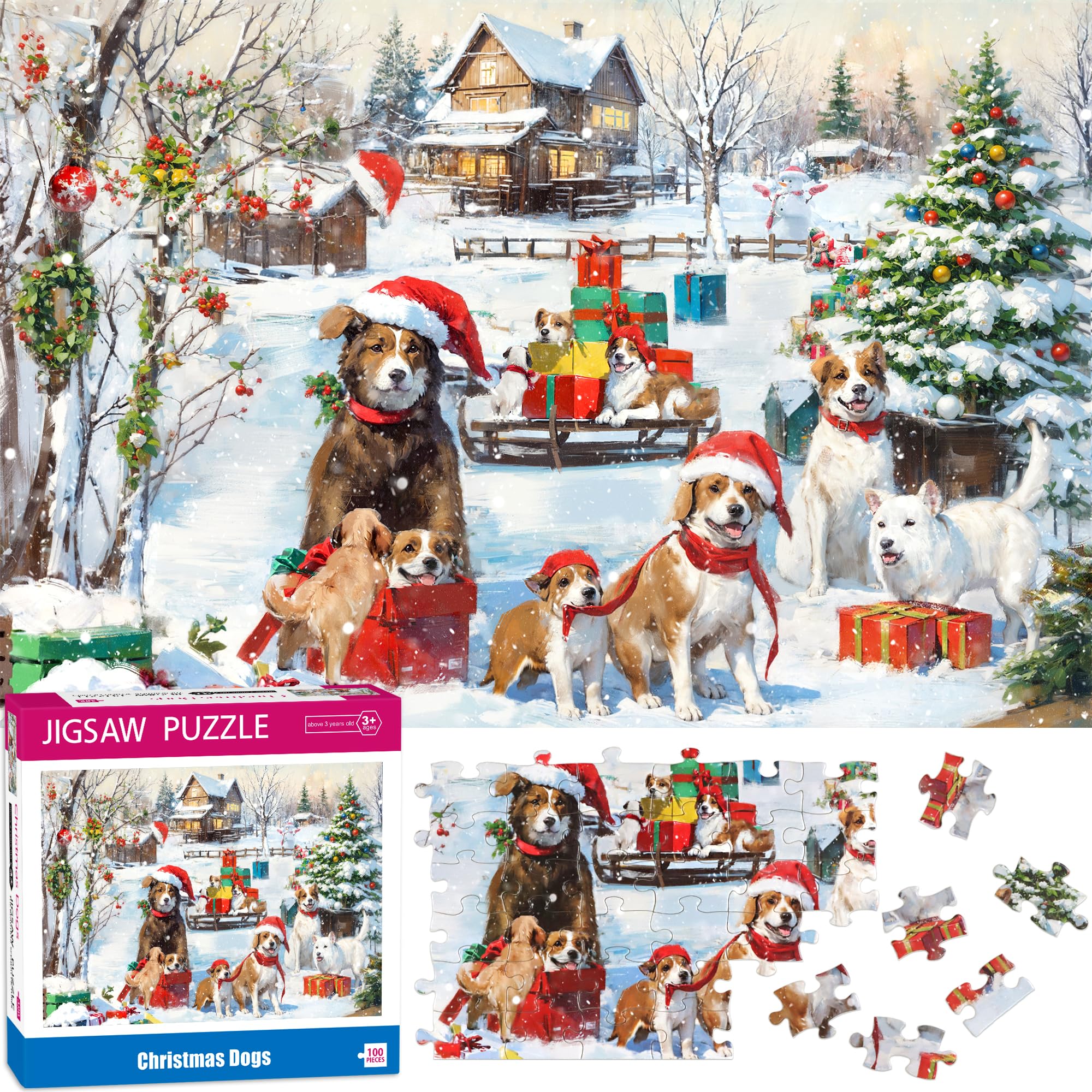 100 Piece Christmas Puzzles for Kids Ages 4-6 6-8 8-10, Christmas Dogs Jigsaw Puzzles for Kids Ages 4-8 3-5, Educational Kids Puzzles Xmas Gifts Christmas Stocking Stuffers for Boys Girls Adults
