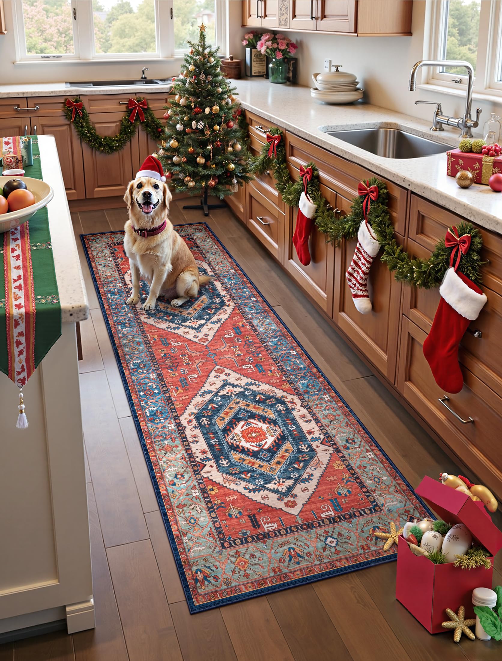 SERISSA Boho Washable Runner Rug, 2x6 Rug Runner Non-Slip Vintage Rust Hallway Kitchen Runner Rug Ultra Soft Print Distressed Tribal Floor Carpet Runner for Bedroom Bathroom Laundry Living Room