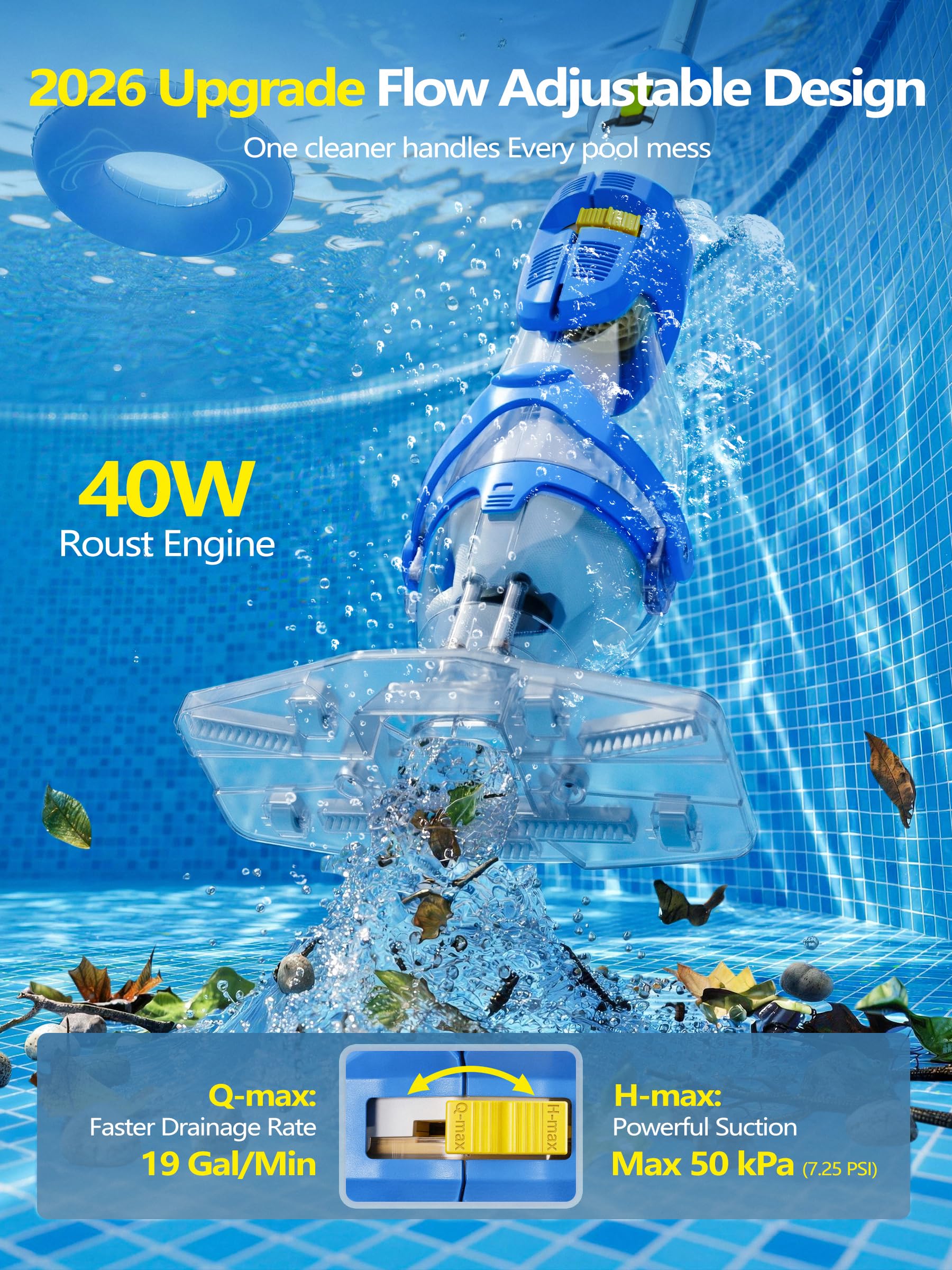 LanOcean Aspirador Piscina Bateria, 2 Modos Aspiradora Piscinas Fondos Caudal Hasta 4300 L/H, Aspiradora para Piscina Inalambrico con Varilla Telescópica, Autonomía de 70 min Limpia Fondos de Piscinas