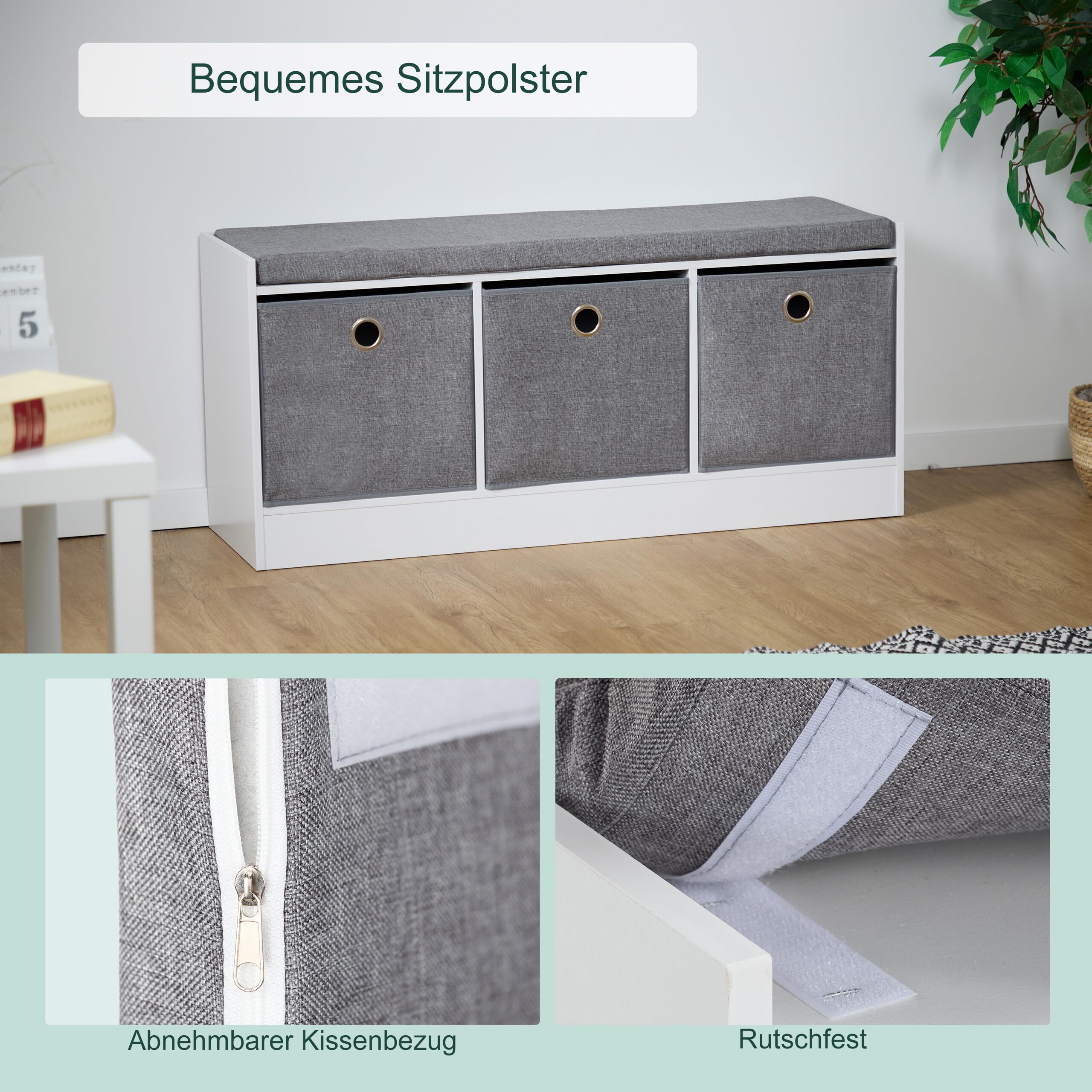 Relaxdays Sitzbank, Polsterbank mit 3 Stoff-Schubladen, HxBxT: 46 x 102 x 32 cm, MDF, Aufbewahrungsbank, weiß/grau