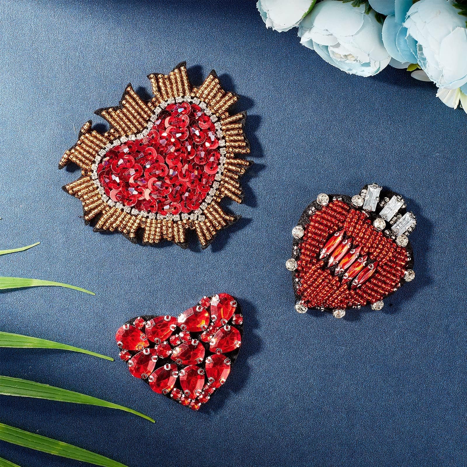 INFUNLYHeart Rhinestone Beaded Patches Halloween Red Decorations Applique 3 Styles Handmade Bright Crystal Patches Sew-on Rhinestones Applique with Beads for DIY Apparel Clothes Christmas