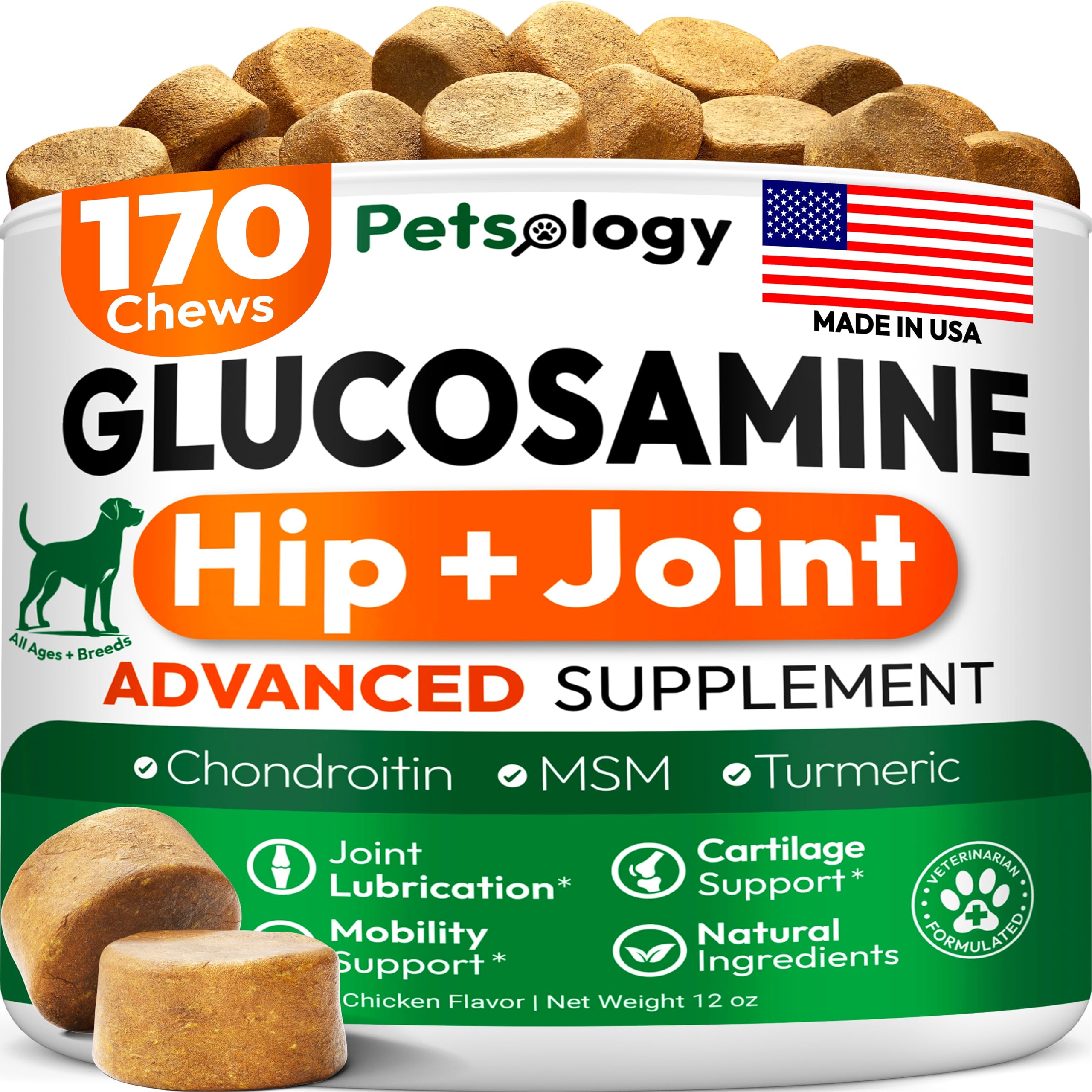 Petsology Glucosamine for Dogs - Hip and Joint Supplement for Dogs - 170 Mobility Chews - Glucosamine Chondroitin - MSM - Turmeric - Joint Pain Relief - Advanced Support for Dog Health - Made in USA