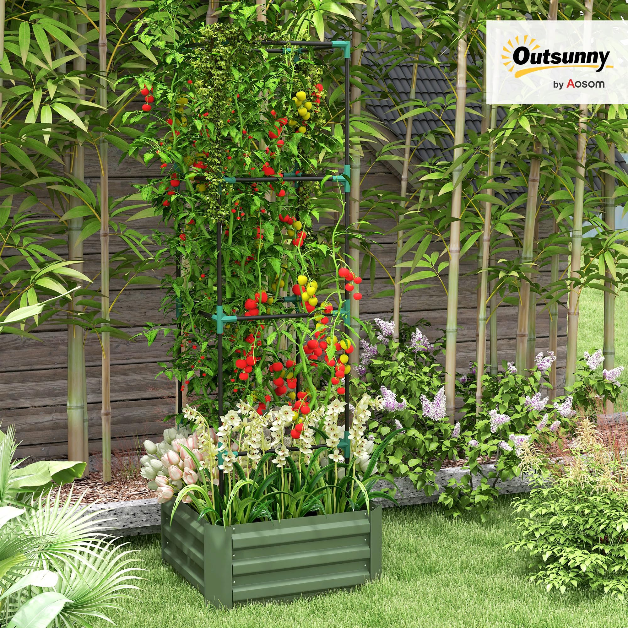 Outsunny Jardinière avec treillis ajustable, bac à fleurs cage à tomates, lit surélevé, pour plantes grimpantes, légumes, fleurs, en acier galvanisé, intérieur et extérieur, cour, jardin, balcon, vert