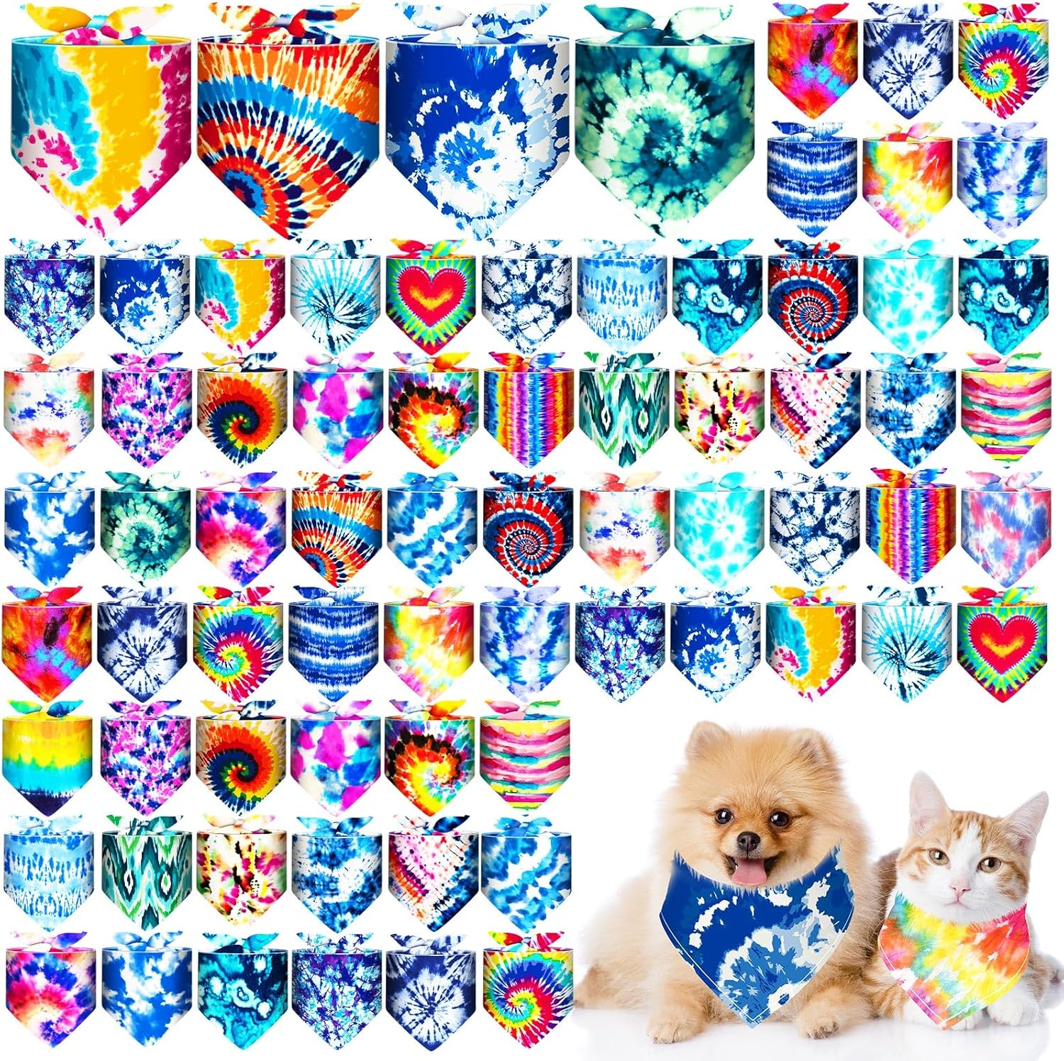 Reginary 72 Packs Tie Dye Dog Bandanas Bulk Dog Bandanas
