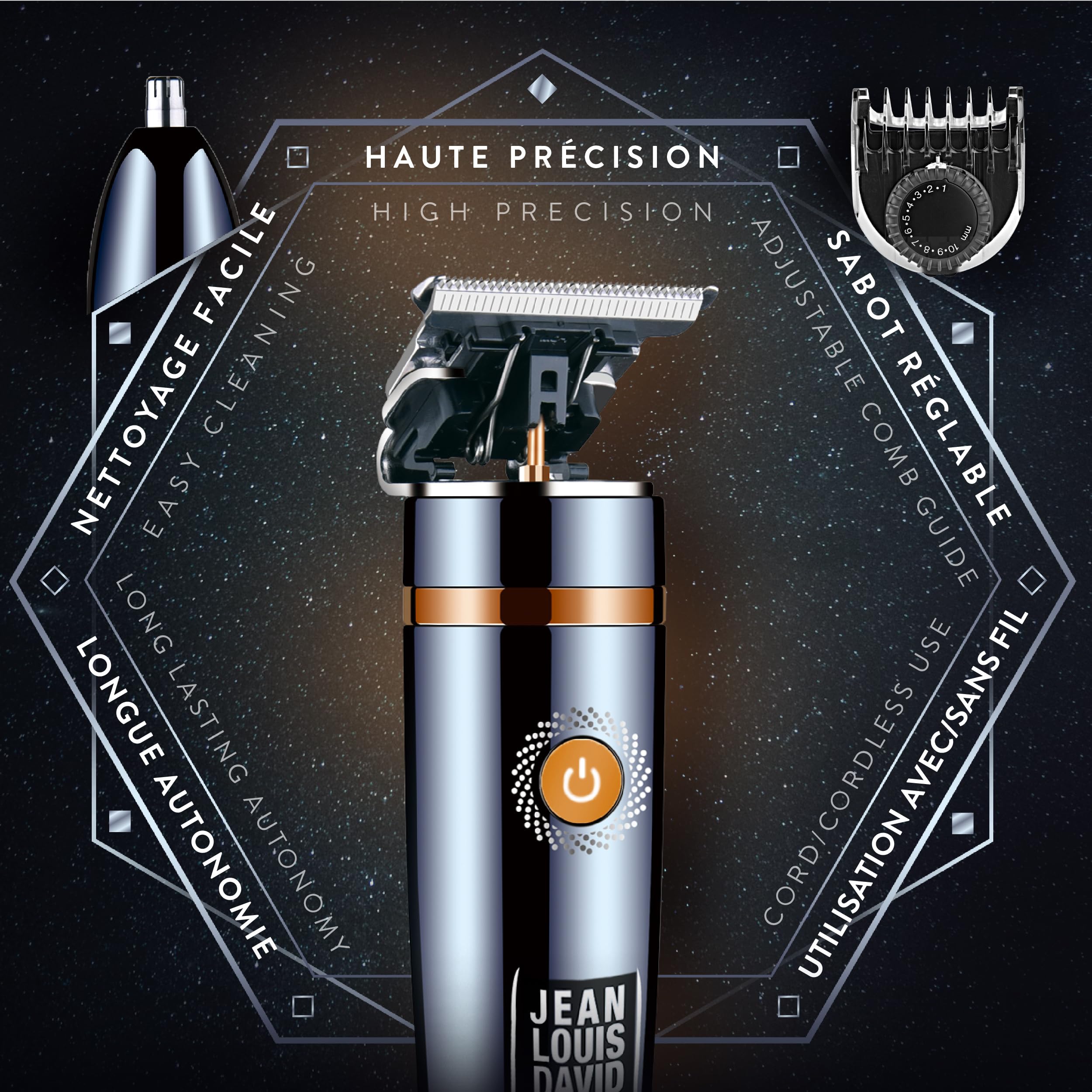 Jean Louis David - Cortapelos Infinite Styler 4 en 1 - Cuchillas anchas 37 mm - Para cabeza, nariz y orejas - Peine ajustable 10 alturas - Precisión en barba, bigote y cabello - Uso inalámbrico