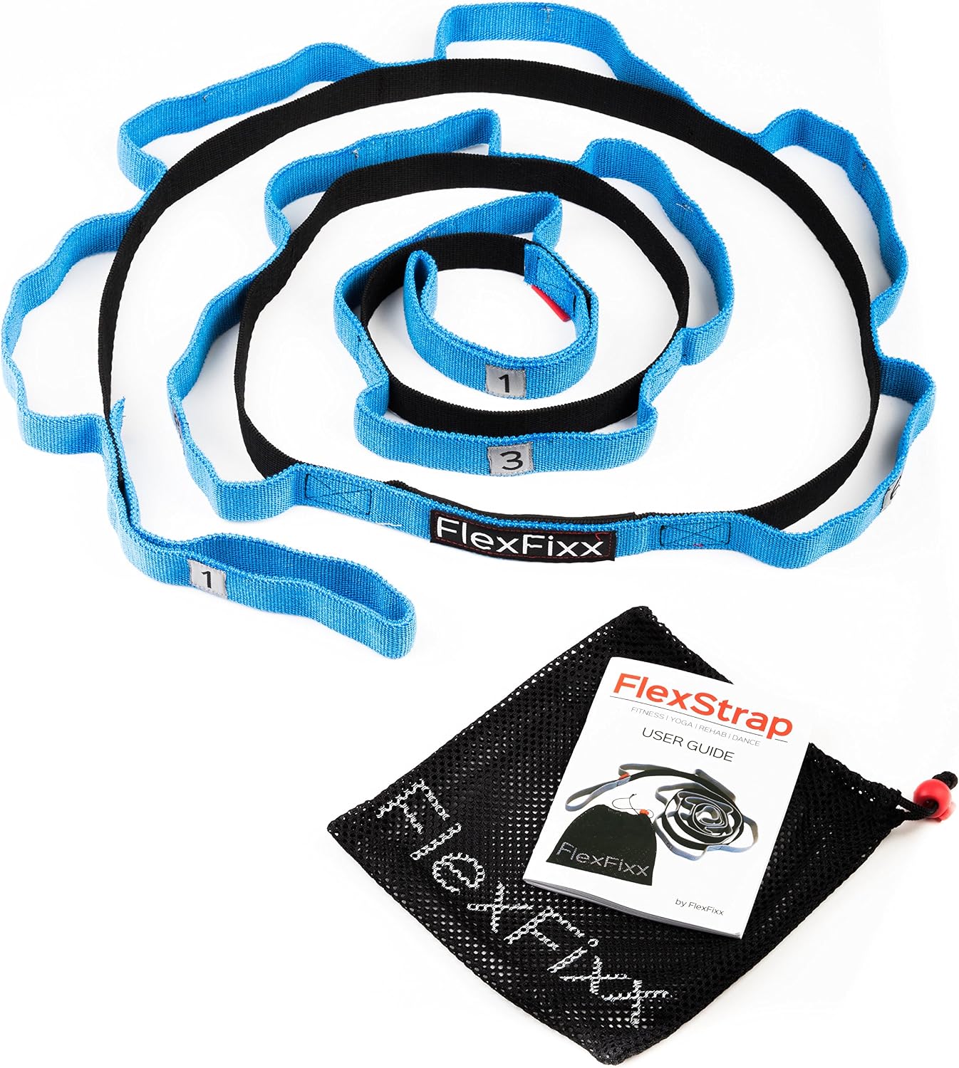 FlexFixx Stretching Strap Band - 8ft Long Tool with 12 Loops - Elastic Stretcher for Yoga, Running, Pilates, Physical Therapy - Helps Increase Mobility, Flexibility, Recovery from Orthopedic Injuries