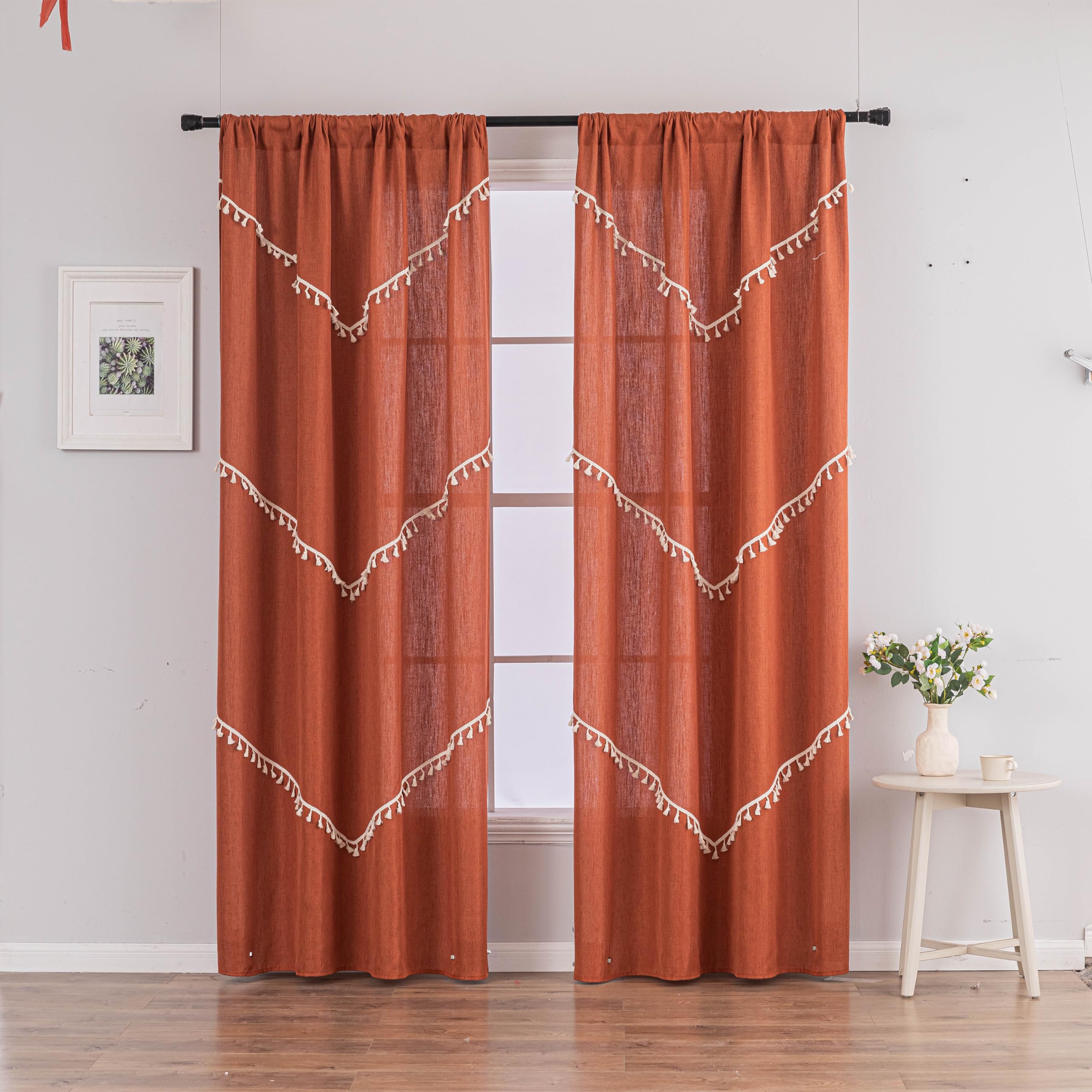 Amazon｜Zeeinx テラコッタ ボーホー カーテン 寝室 リビングルーム 長
