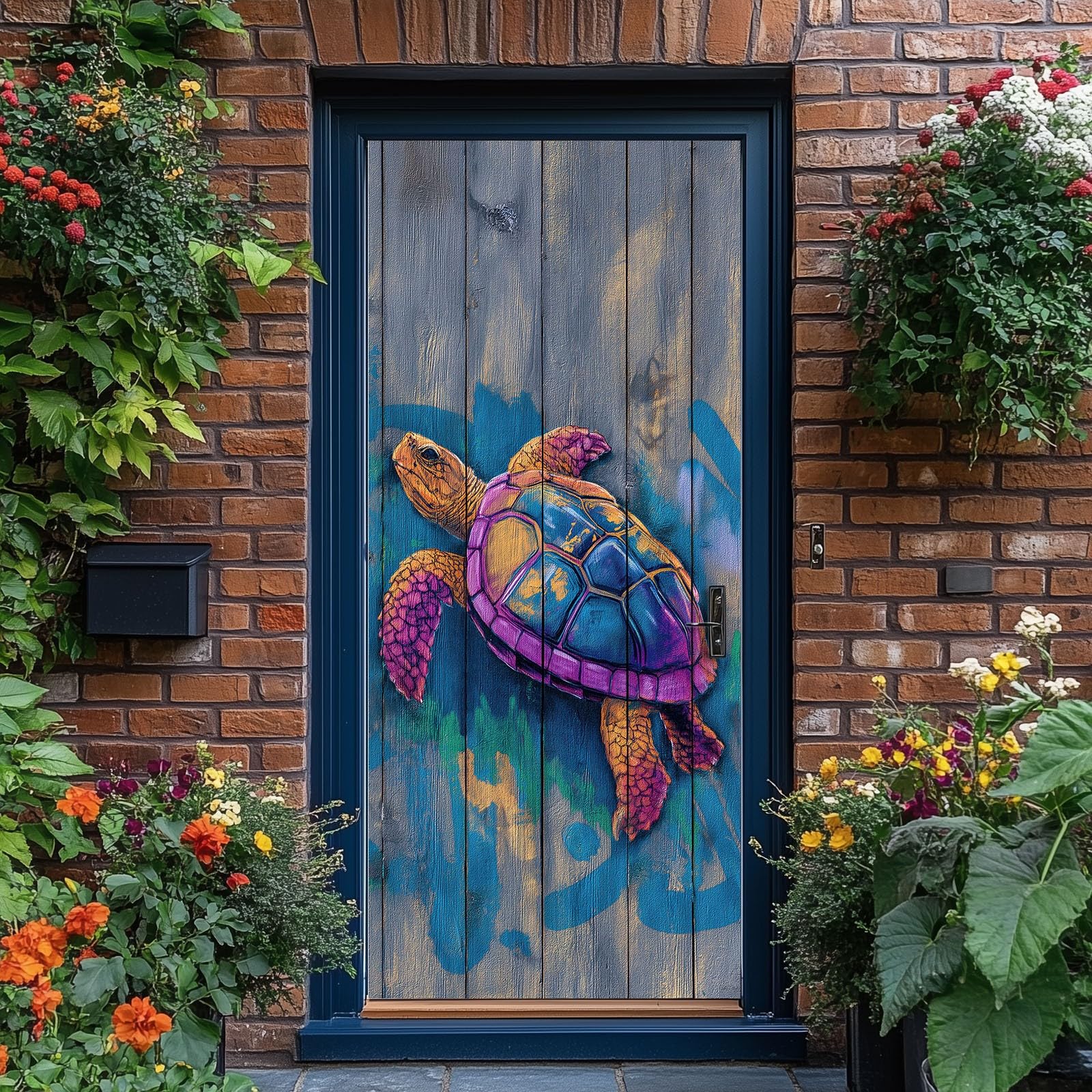 Sticker Porte 3D Animal 95 x 215 cm, Bleu Autocollants de Porte Peinture Graffiti Tortue Auto-adhésif Imperméable Amovible pour Décoration WC Chambre Entrée Placard Cuisine