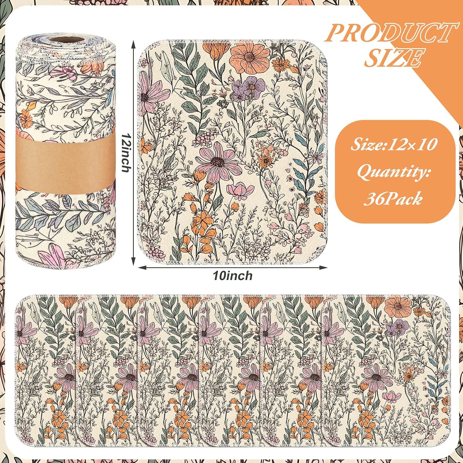 36 Pack Reusable Kitchen Cloths Cotton Towels, Cute Wildflower