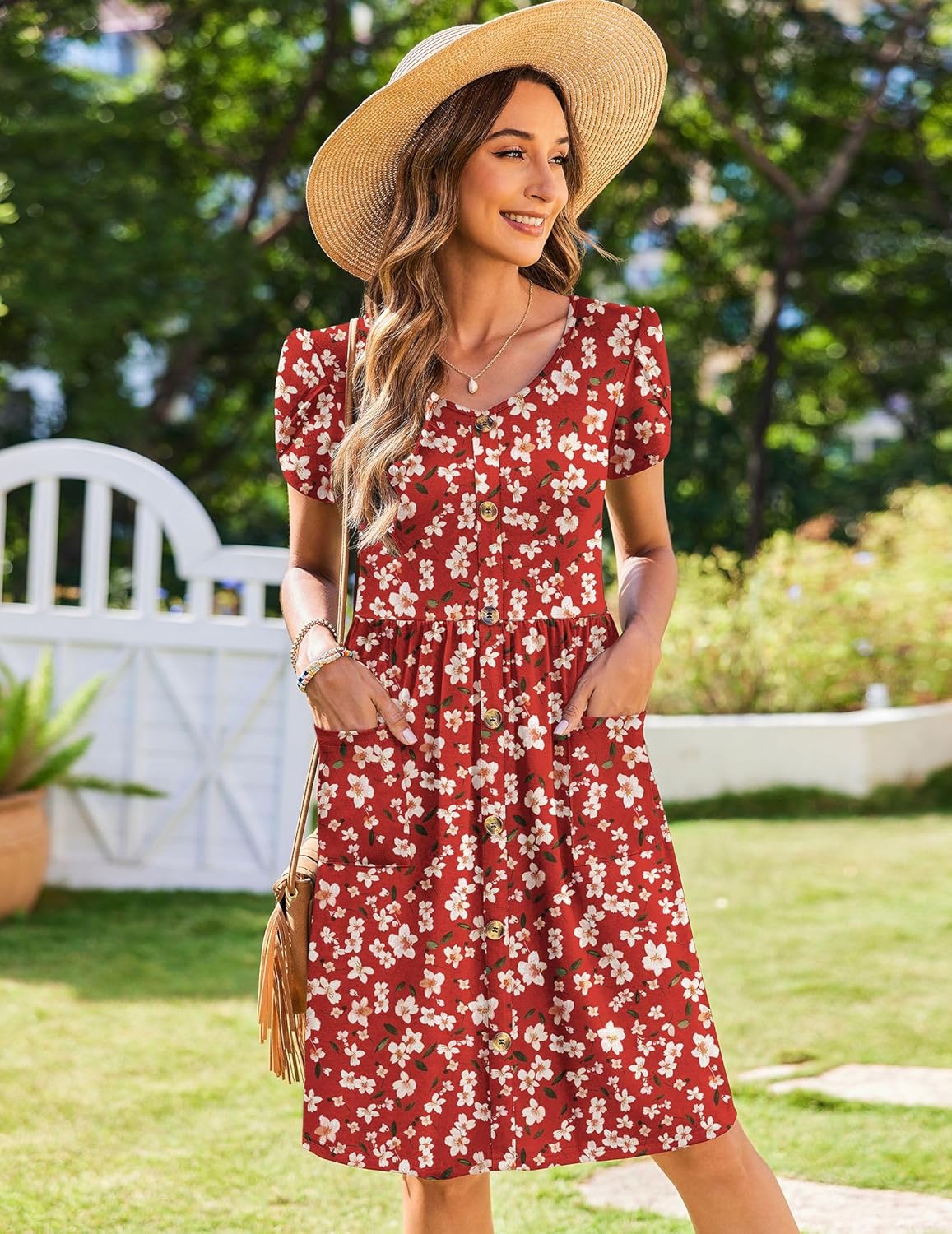 Zeagoo Womens Summer Dress Mini Petal Short Sleeve Dresses Pleated Button Down V Neck Floral Beach Swing Vacation Dress 2026 - Image 2