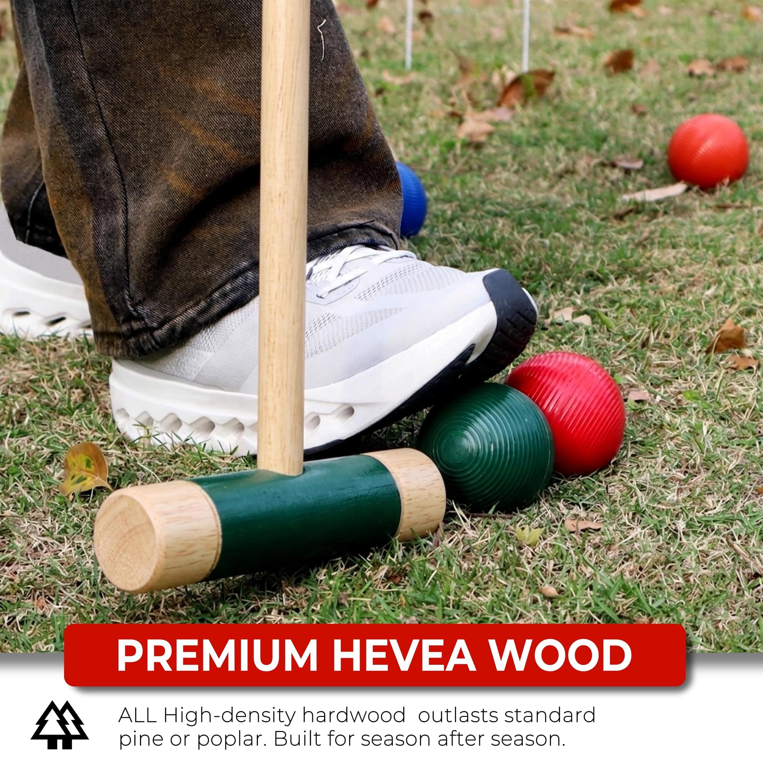 Krocket-Set für sechs Spieler für Erwachsene und Familie, Hinterhof, Outdoor-Spiele | 81,3 cm Schlägel, Gummibaumholz, inklusive 1 Tragetasche, 6 Bälle, 9 Wickets, 2 Heringe