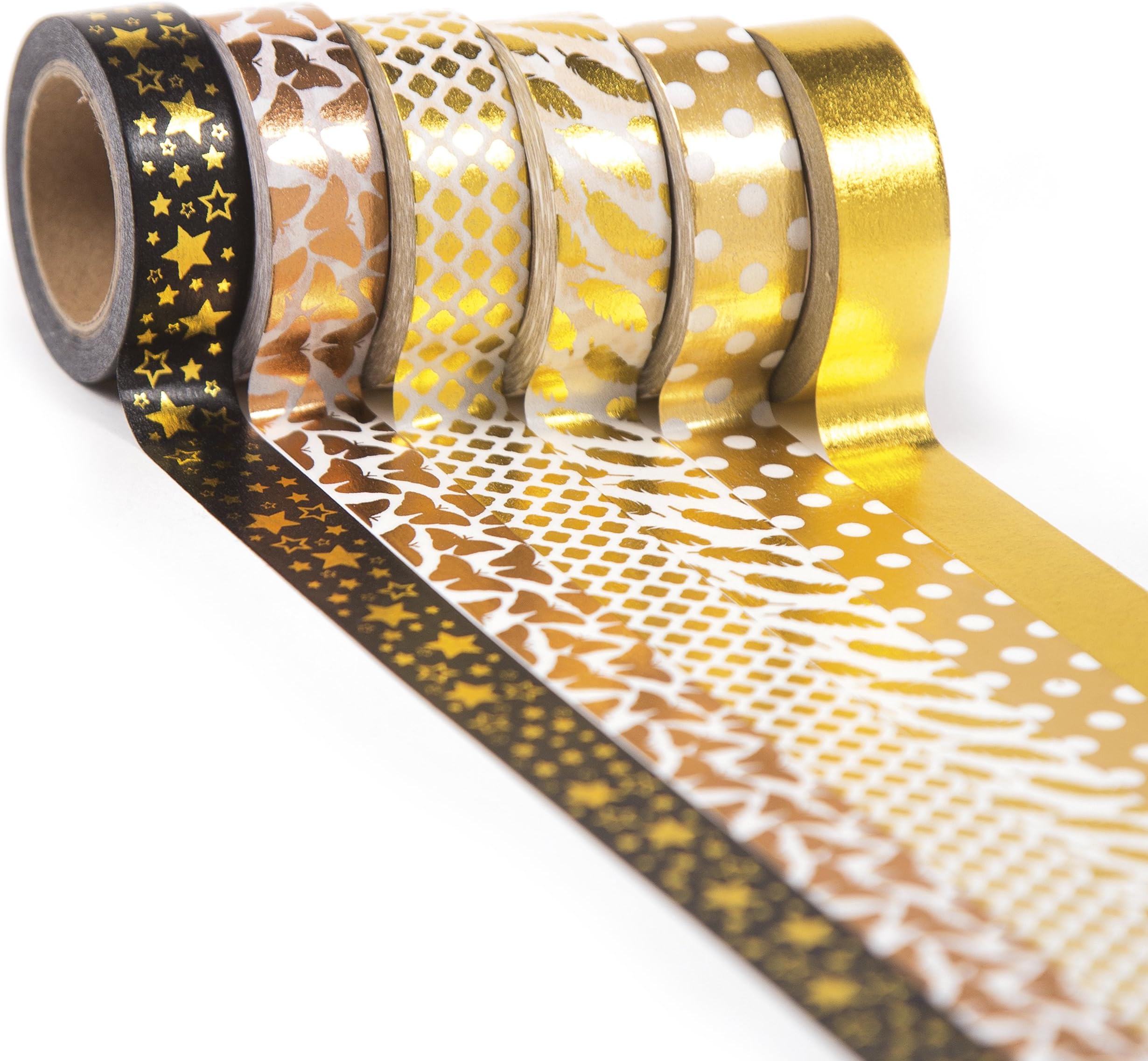 Gold Washi Tape Set 6 rolls, Decorative Craft Tapes Kit of Cute Patterns for Scrapbooking, DIY Projects