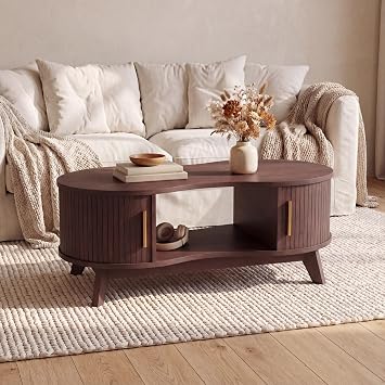 Coffee Table, Dual Oval Coffee Table w/Sliding Door, Red Brown | Mid Century Modern Center Table with Storage Cabinet, 2-Tier Open Storage Shelf, 47 Inches Coffee Tables for Living Room