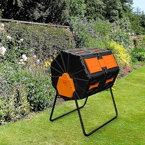 Miniatura 7 de Efurden Contenedor de compost, vaso de compostaje de doble cámara con alto volumen de 45 galones, fácil de montar y compostador duradero, naranja