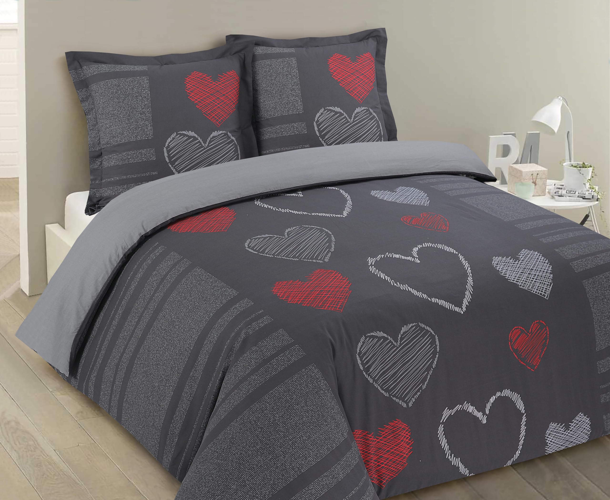 VISION Parure De Couette Love - 100% Coton - 1 Housse De Couette 200 X 200 Cm + 2 Taies D'oreiller 65 X 65 Cm - Gris Anthracite - Maison