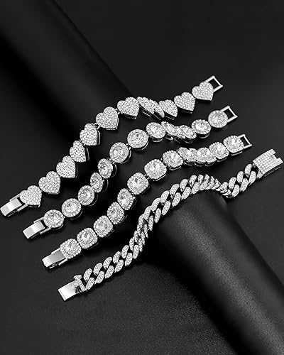 Miniatura 4 de Paquete de 4 pulseras doradas para mujer, pulseras plateadas combinadas, brazalete de eslabones cubanos con corazones y diamantes, juego en capas