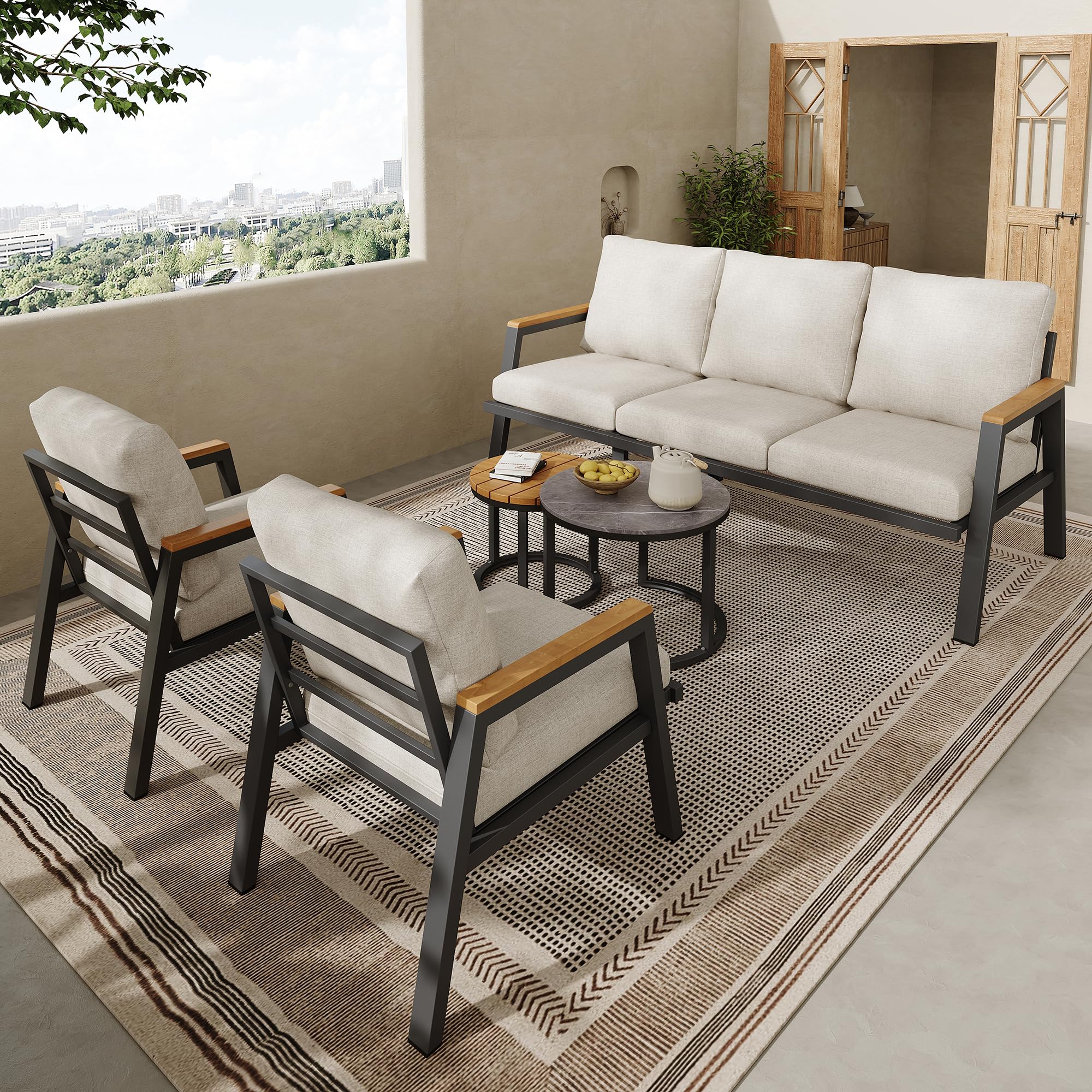 Juego de sillones de jardín, muebles de exterior, con cómodos cojines, sofá de 3 plazas, 2 sillones y 2 mesitas, cristal lacado mármol y madera plástica, acero galvanizado, beige