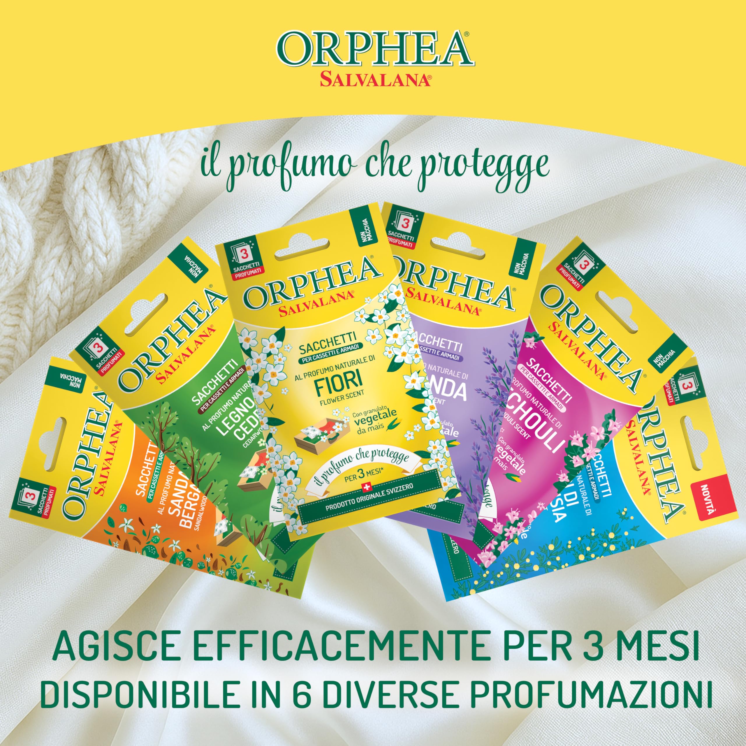 Orphea Salvalana, Sacs pour Tiroirs et Armoires pour Laine et Vêtements Toute la Saison Parfum en Bois de Cèdre, 3 Sacs en Papier de Chanvre