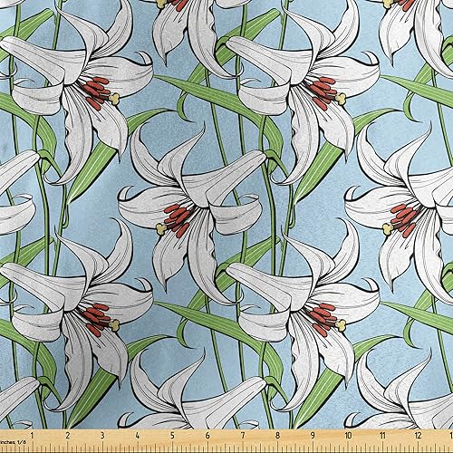 Miniatura 1 de Ambesonne Flower Fabric by The Yard, Pattern with Flourishing Lilies Garden Growth Spring Season Illustration, Decorative Satin Fabric for Home